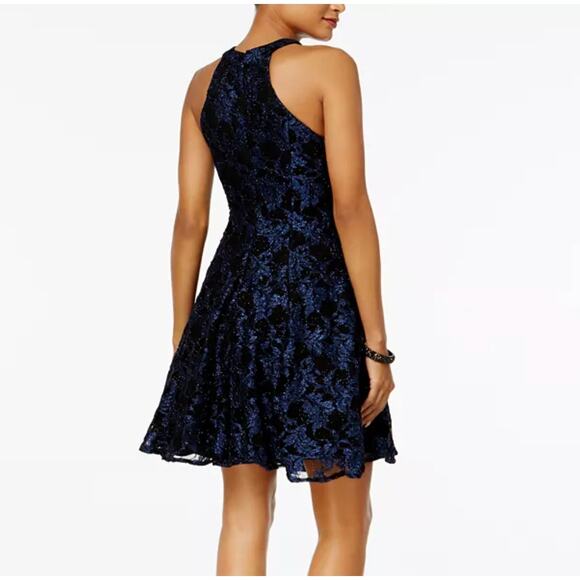 Nightway Glitter-Lace Keyhole Halter Cocktail Dress Navy Blue Black Lace Sz 12 - Picture 14 of 14